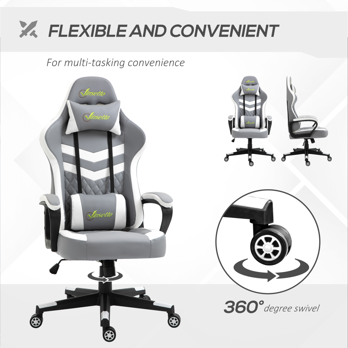 Racing Gaming Chair with Lumbar Cushion & Headrest Pillow, Height Adjustable – PVC Leather Study Chair, Grey & White