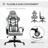Racing Gaming Chair with Lumbar Cushion & Headrest Pillow, Height Adjustable – PVC Leather Study Chair, Grey & White