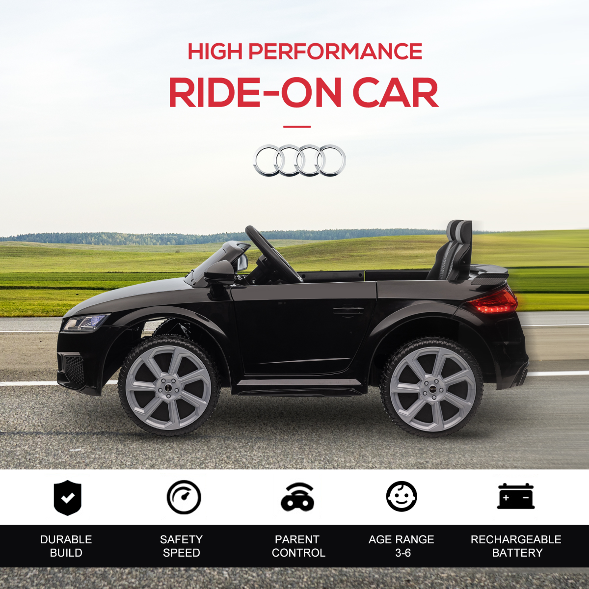 HOMCOM 12V Licensed Audi TT RS Electric Ride-On Car with Remote Control, Headlights & MP3 Player – Kids Car, Black