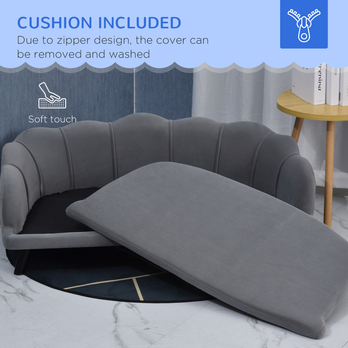 PawHut Dog Sofa Bed with Washable Cushion & Birch Legs – Grey Shell Design Pet Couch for Medium & Large Dogs