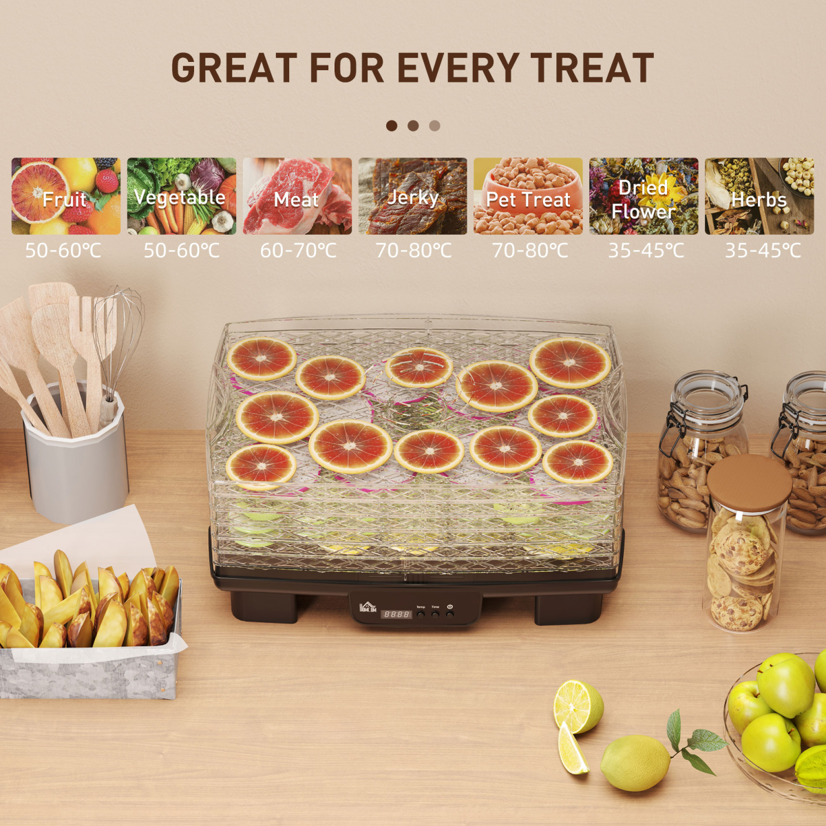HOMCOM 6 Tray Food Dehydrator with Adjustable Temperature & Timer – Food Dryer for Fruit, Meat & Vegetables, Black