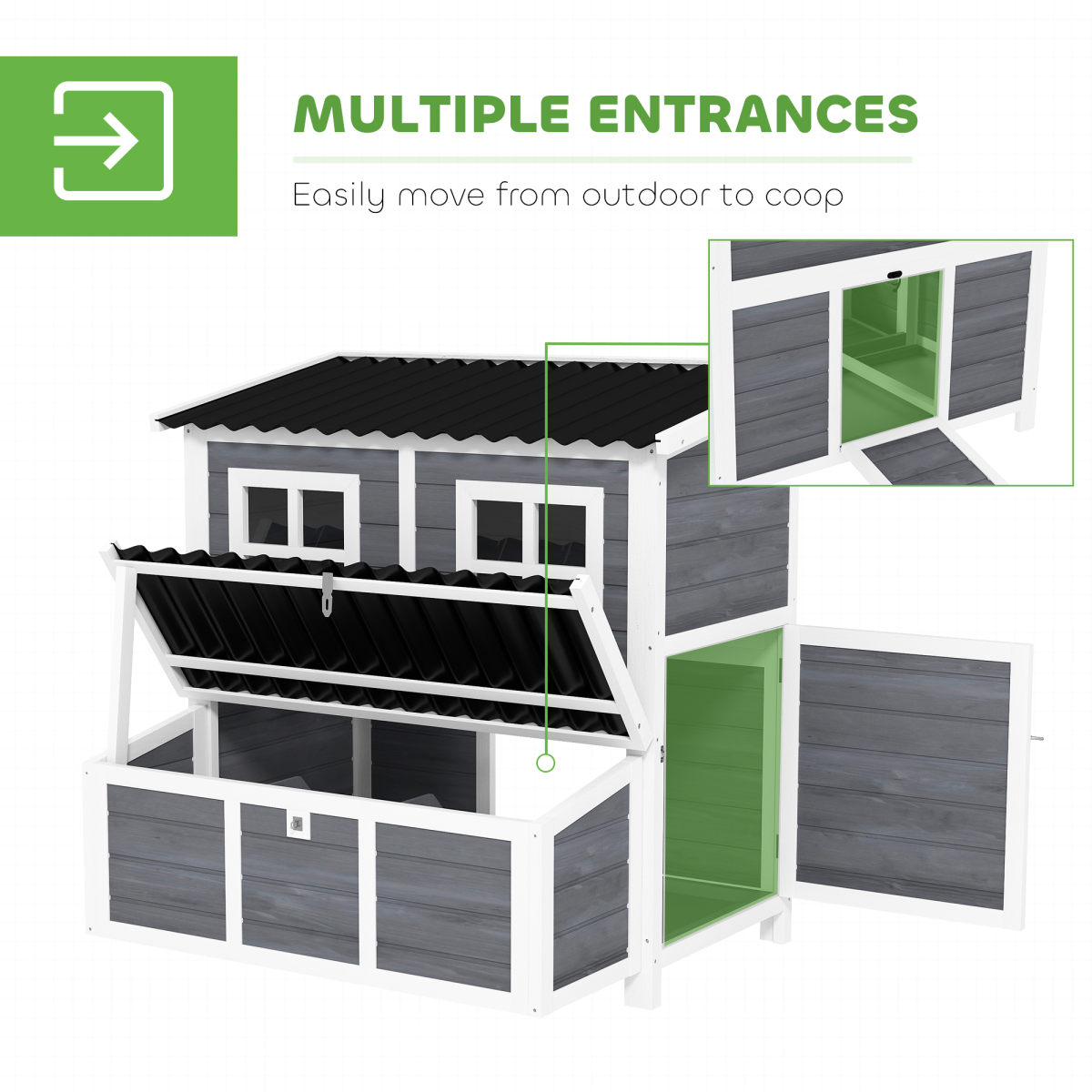 PawHut Wooden Chicken Coop with Nesting Box & Pull-Out Tray for 4-6 Chickens, 100 x 86 x 100cm, Light Grey