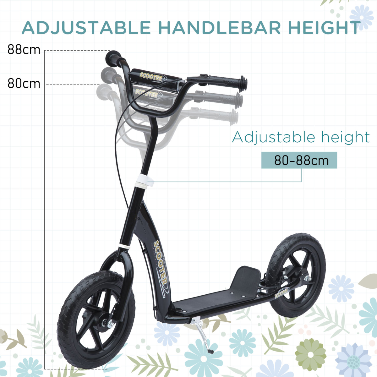 HOMCOM Push Scooter with 12" EVA Tyres, Adjustable Height & Rear Brake – Stunt Kick Scooter for Kids, Black