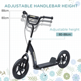 HOMCOM Push Scooter with 12" EVA Tyres, Adjustable Height & Rear Brake – Stunt Kick Scooter for Kids, Black