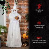 HOMCOM 72 Inch Halloween White Witch Holding Pumpkin – Button-Activated Light-Up Skeleton Ghost Decoration
