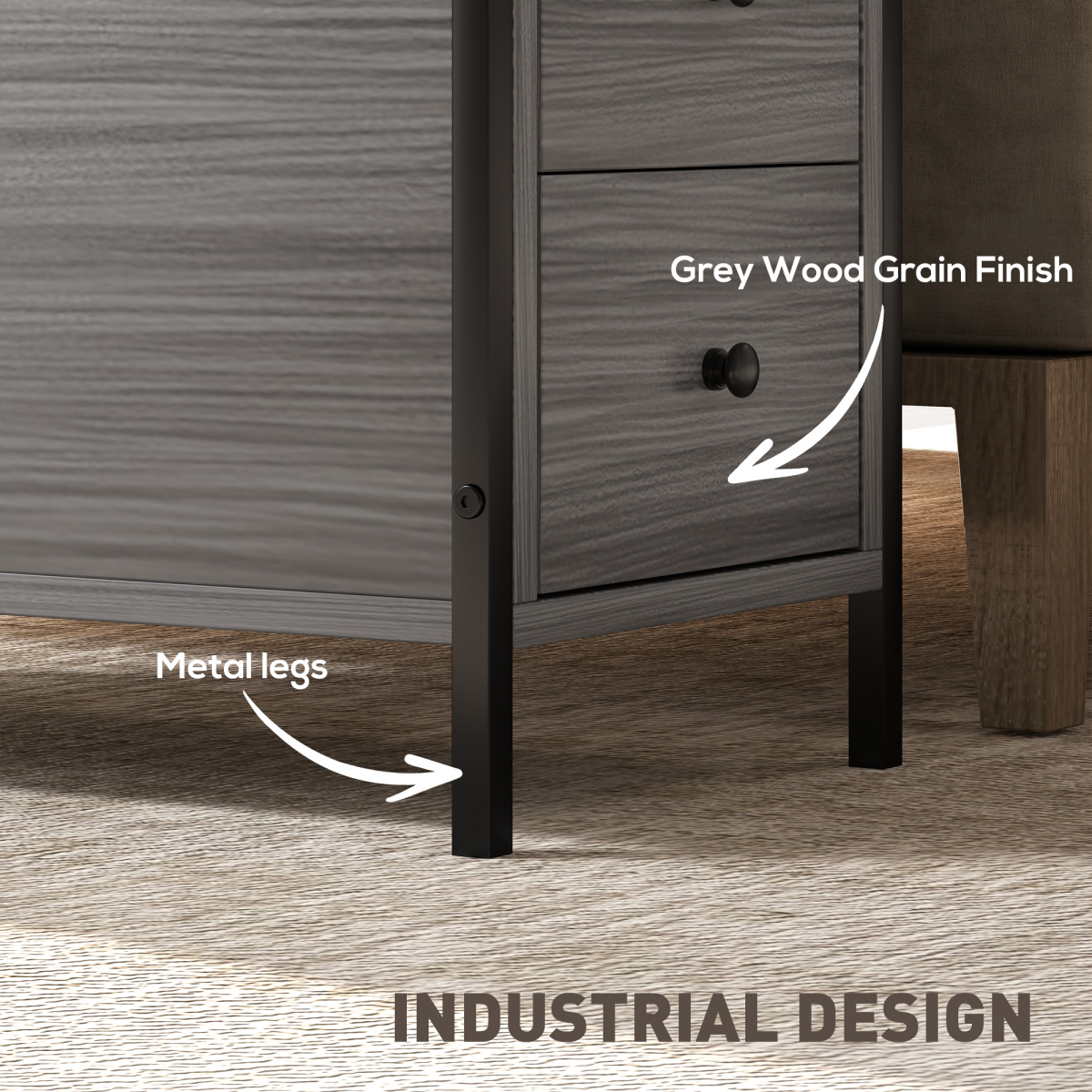 HOMCOM Narrow End Table with 2 Drawers and Storage Shelves – Industrial Sofa Side Table, Grey