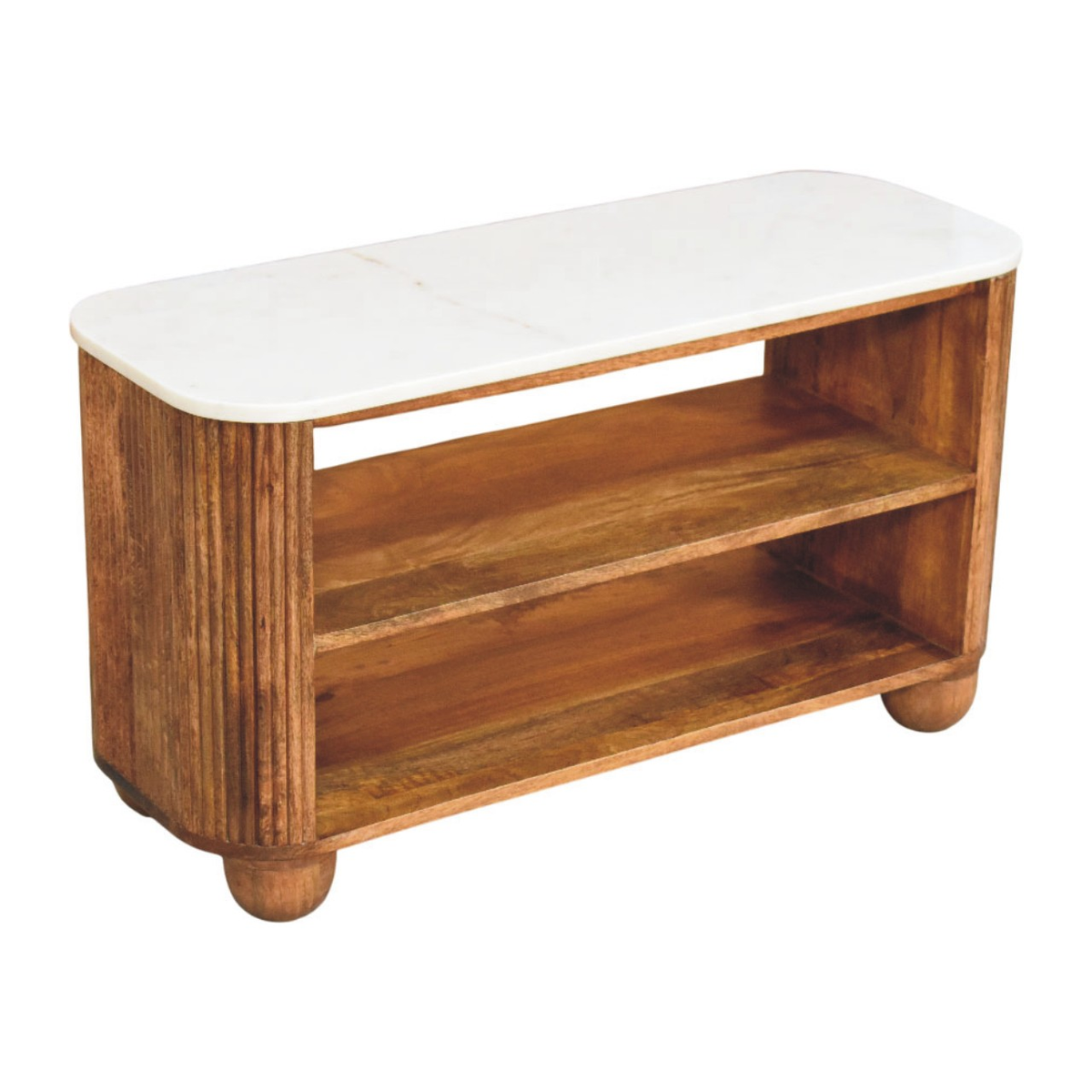 Artisan Furniture Beaumont Solid Mango Wood Shoe Bench – White Marble Top, 2 Shelves, Golden Teak