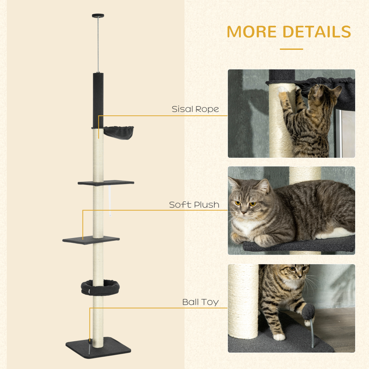 PawHut Floor-to-Ceiling Cat Tree, 240–270 cm Height Adjustable with Bed, Hammock and Sisal Posts, Black