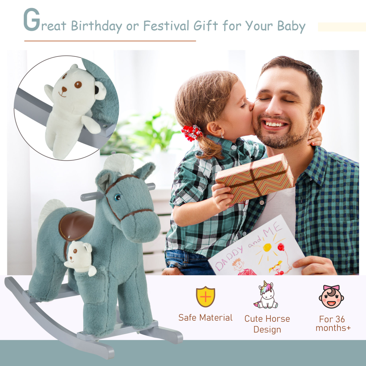 Kids Plush Rocking Horse with Animal Sounds and Free Bear Toy, Wooden Base – Blue, 3 Years+