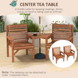 Outsunny Wooden Garden Love Seat Bench with Coffee Table & Parasol Hole – 2 Seater Fir Wood, Tan Brown
