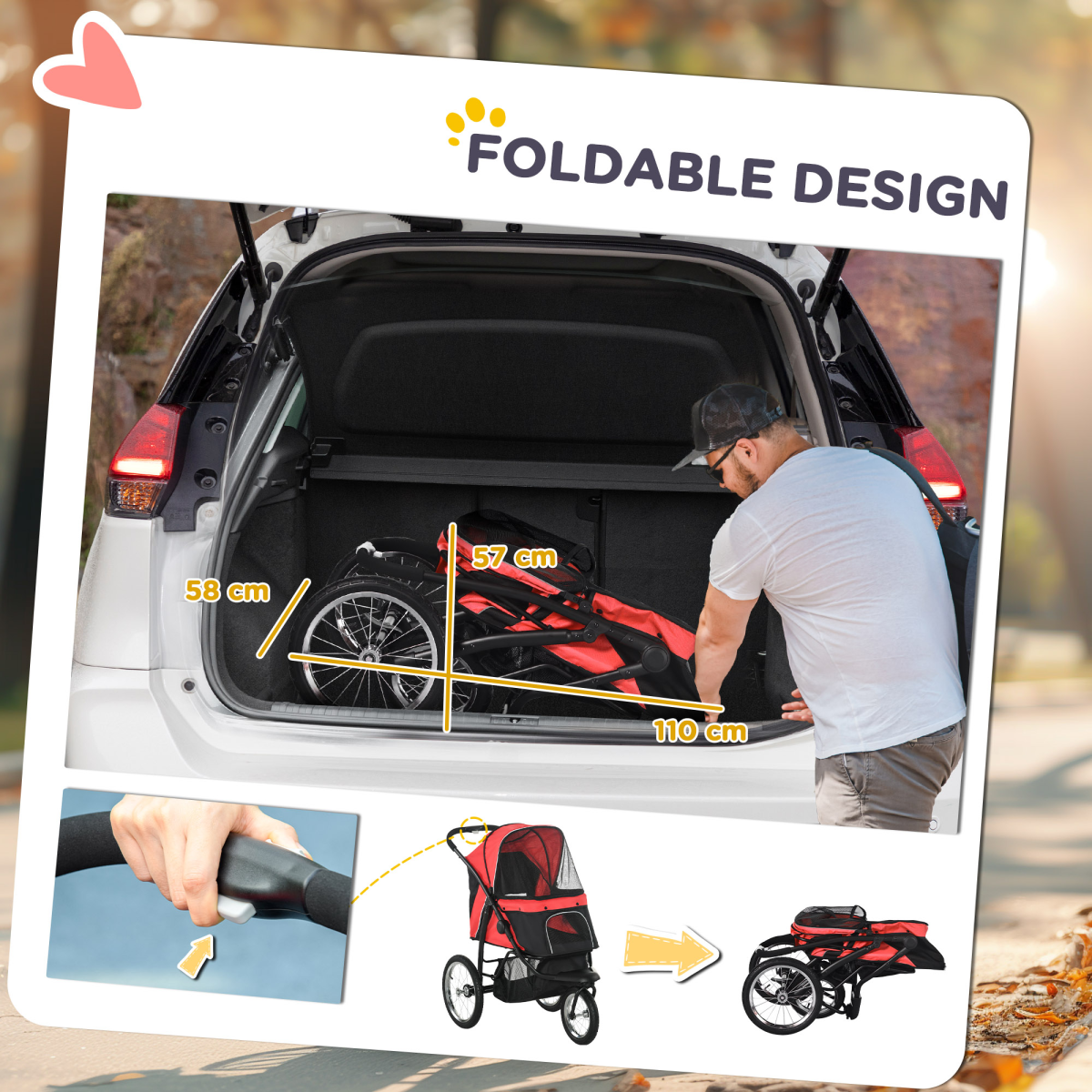 PawHut Foldable Pet Stroller Jogger with Canopy & Three Wheels – Pram for Medium Dogs, Red