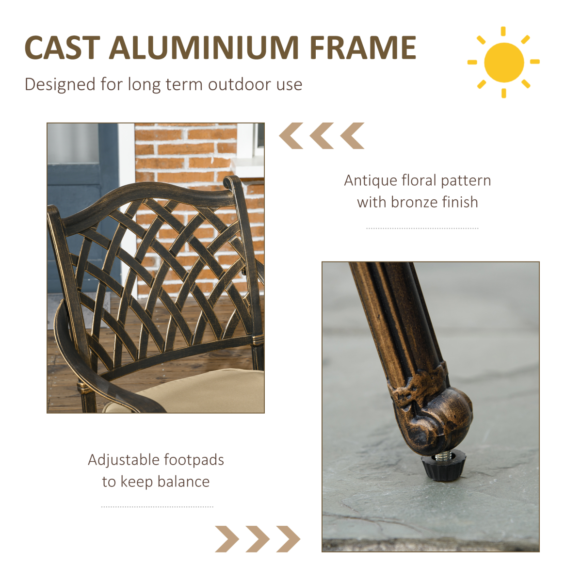 Outsunny 4-Seater Round Garden Dining Set with Cushions & Parasol Hole – Cast Aluminium Outdoor Furniture, Bronze