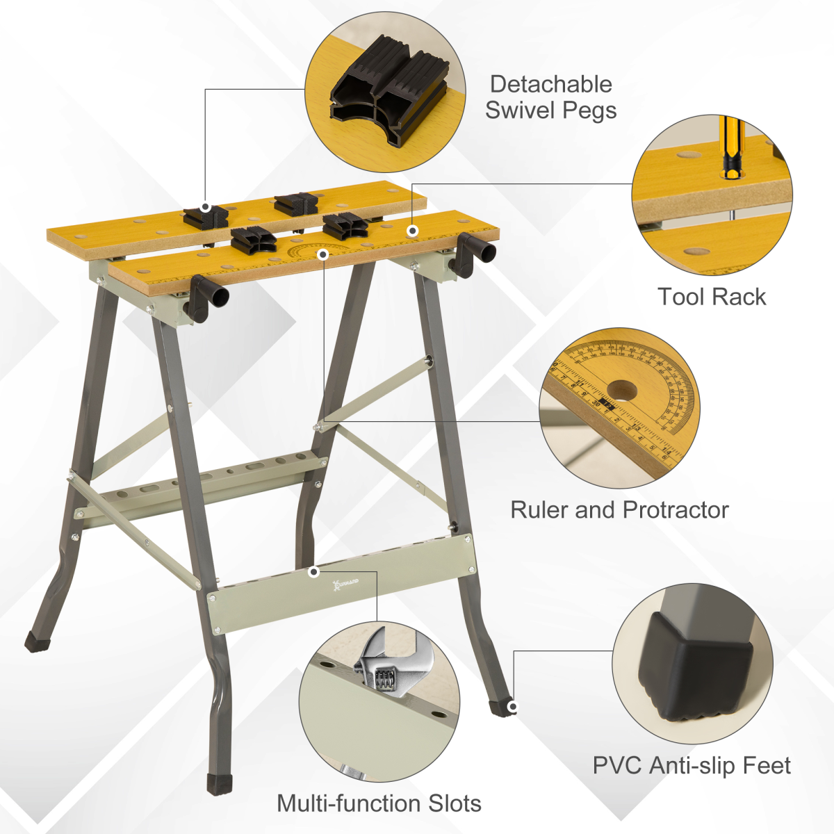 DURHAND 4-in-1 Folding Work Bench, Saw Horse and Clamp Table with Swivel Pegs – DIY Home Garage, Grey