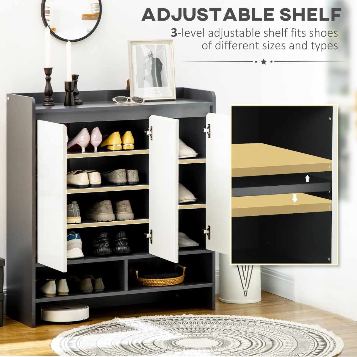 Gloss White Shoe Cabinet with Adjustable Shelves & Open Compartments – Holds 24 Pairs