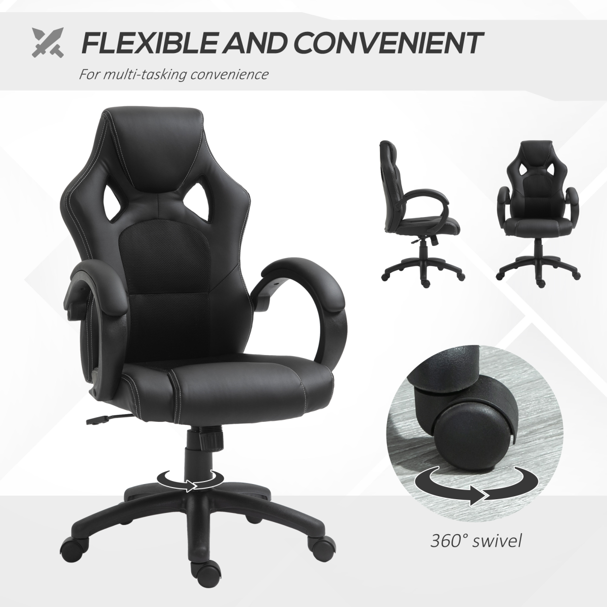 Vinsetto Executive Racing Gaming Chair with Adjustable Height and 360° Swivel – PU Leather Desk Chair, Black