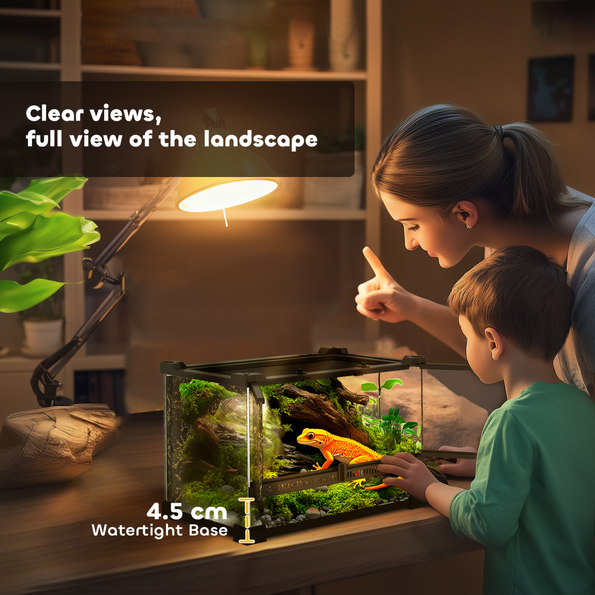 Reptile Glass Terrarium with Rock Background, Ventilated Lid & Waterproof Base – 10L Habitat, Black