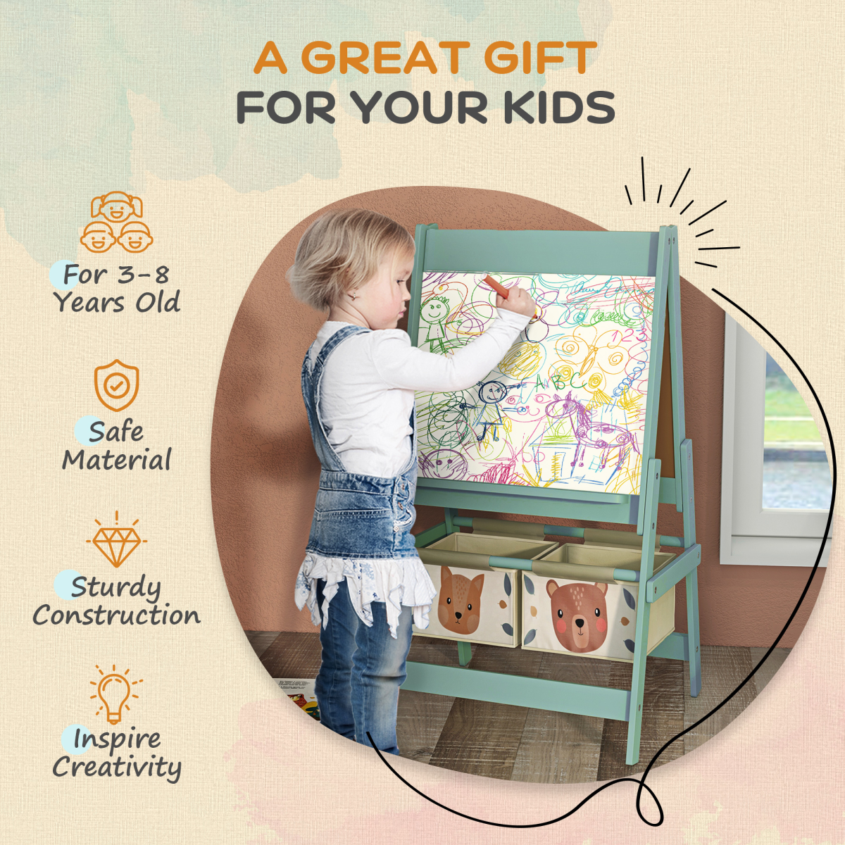 AIYAPLAY Kids Easel with Paper Roll, Blackboard, Whiteboard and Storage Baskets – 3-in-1 Art Easel, Green