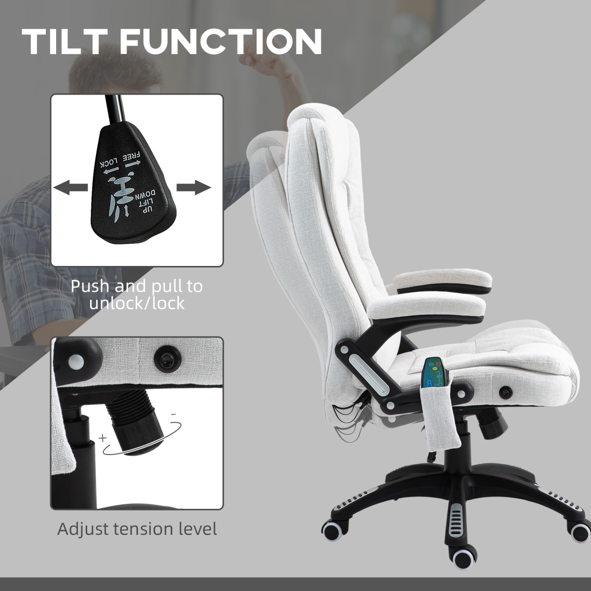 Vinsetto Reclining Office Chair with Heated Massage Points and Remote – Linen-Look Computer Chair, Cream White