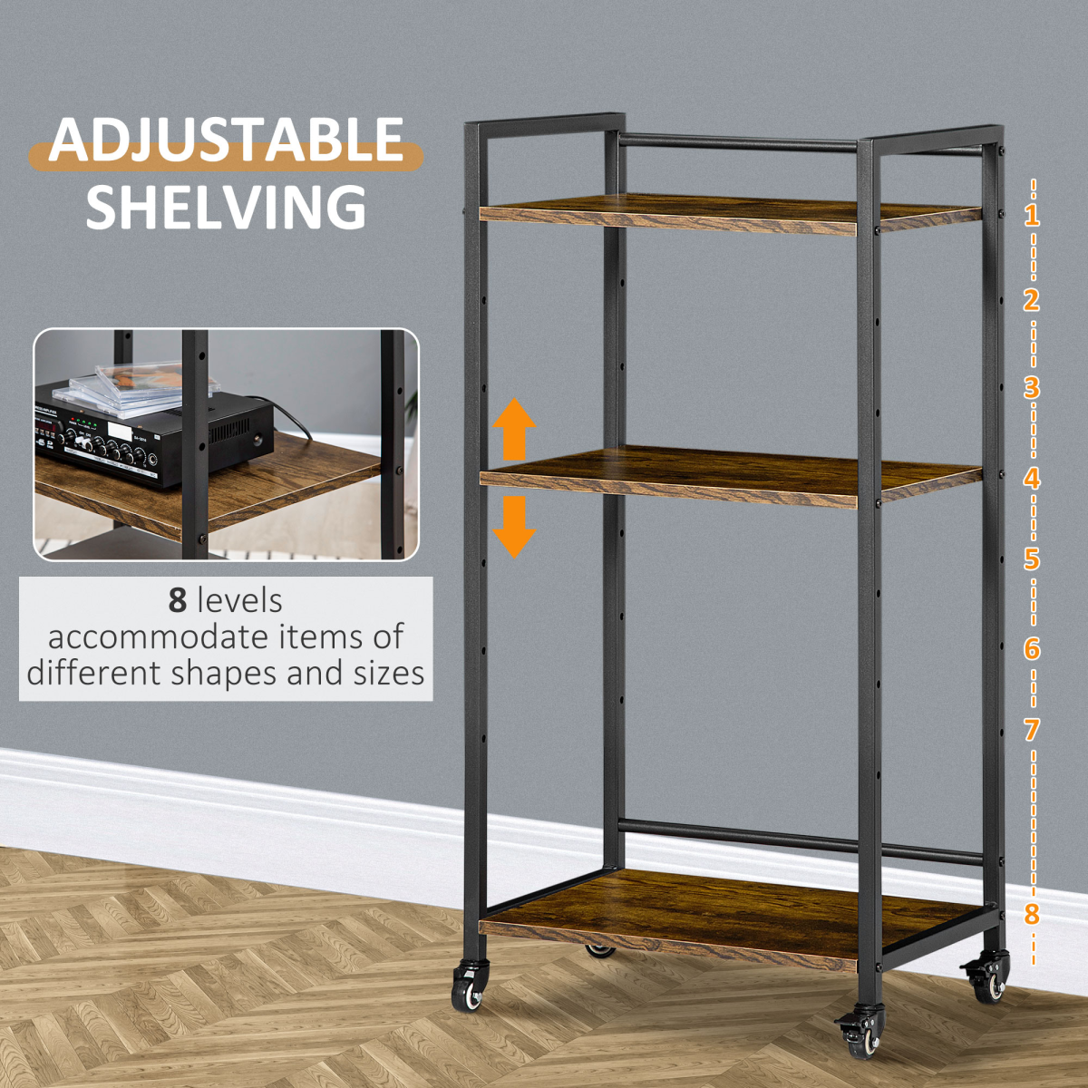 HOMCOM 3-Tier Printer Stand and Utility Cart with Adjustable Shelves – Rolling Storage Trolley