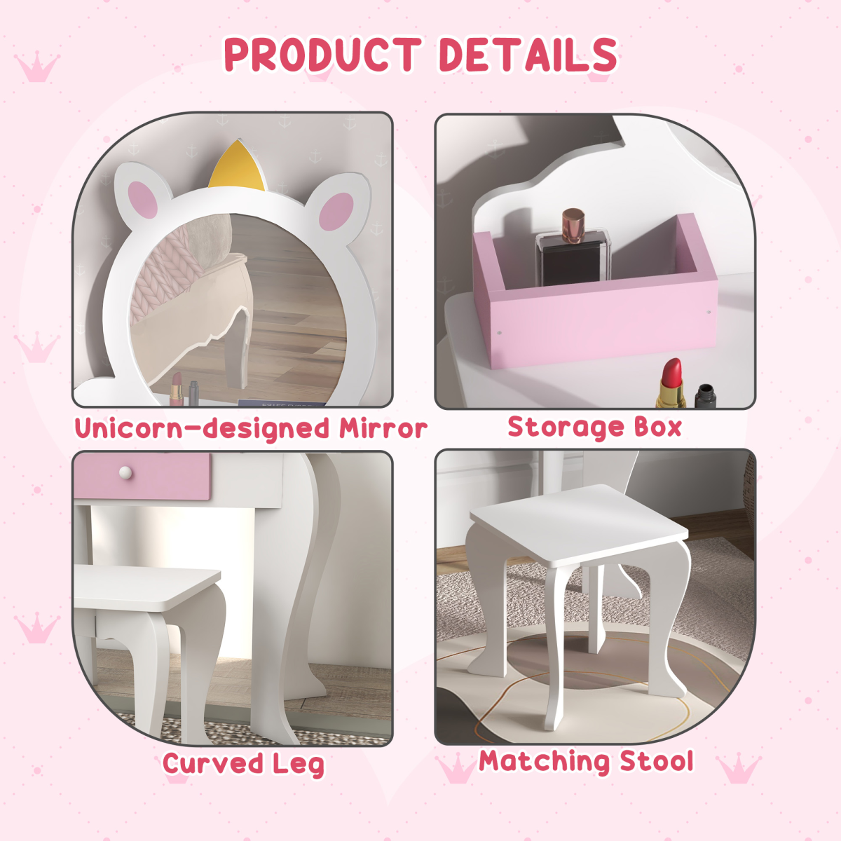 ZONEKIZ Kids Dressing Table with Mirror, Stool, Drawer & Storage Boxes – Unicorn Design Vanity Set, White