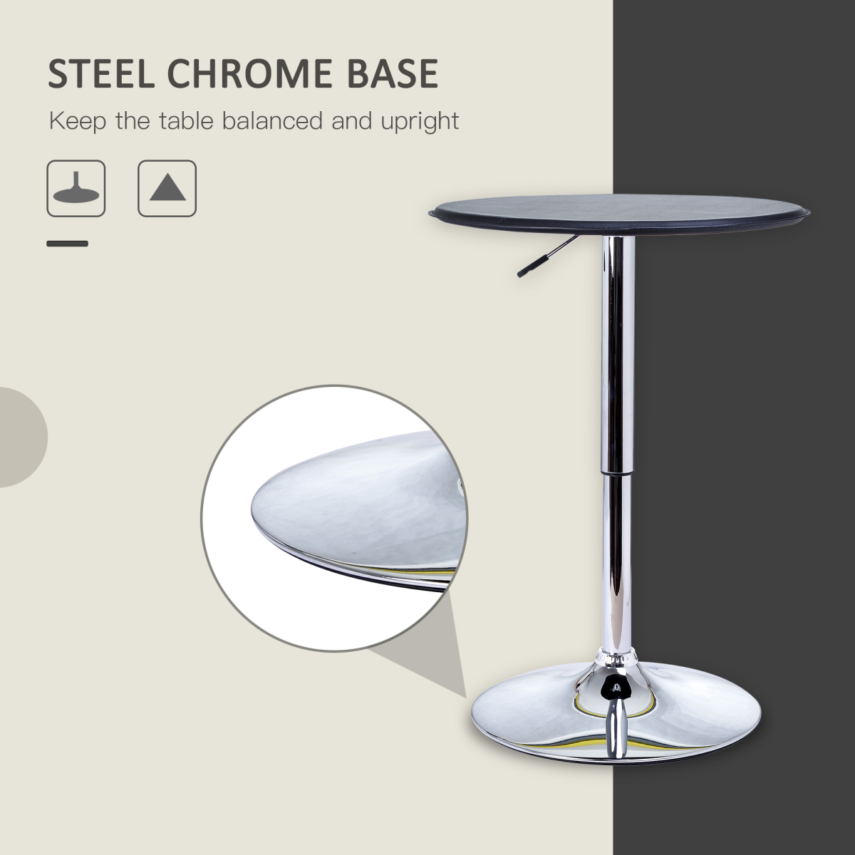 HOMCOM Height Adjustable Round Bar Table with 360° Swivel Top and Chrome Steel Frame – Kitchen & Dining, Black