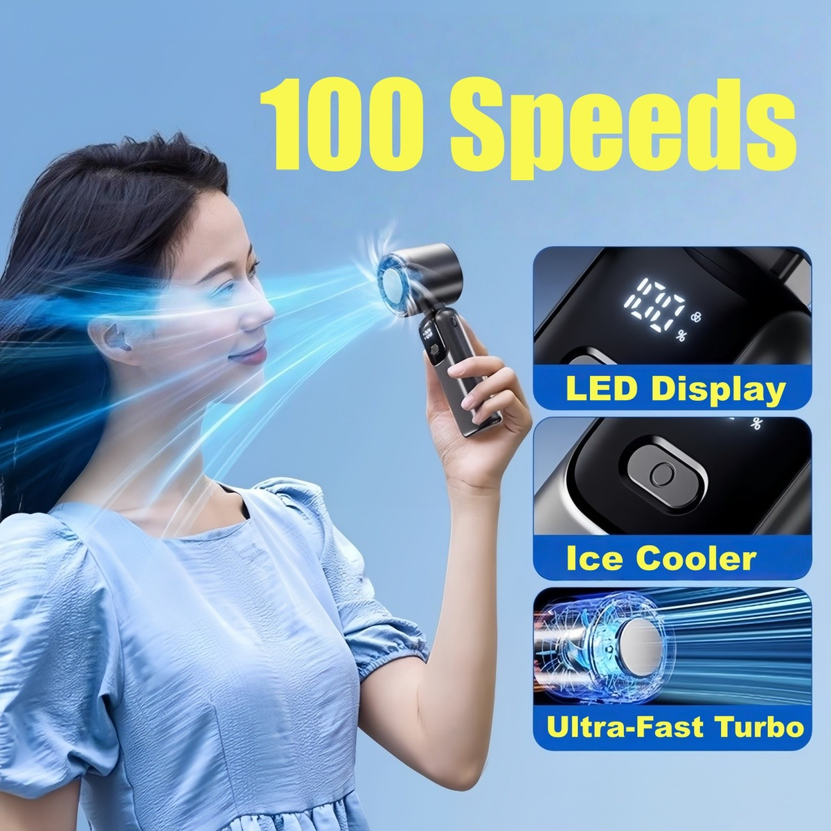 Portable Handheld Turbo Fan with Ice Cooling & LED Display – USB Rechargeable Foldable Mini Fan