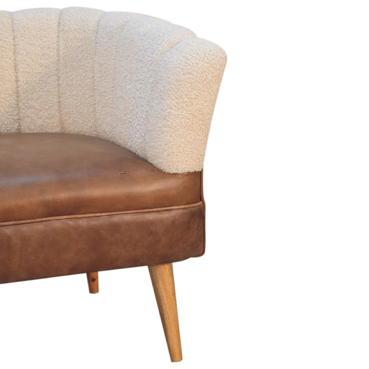 Artisan Furniture Solid Wood Boucle Armchair with Buffalo Leather Seat – Upholstered Accent Chair, Cream & Brown