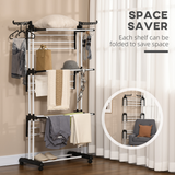 HOMCOM Foldable 3-Tier Clothes Drying Rack with Wheels and Brakes – Steel Garment Airer, Black
