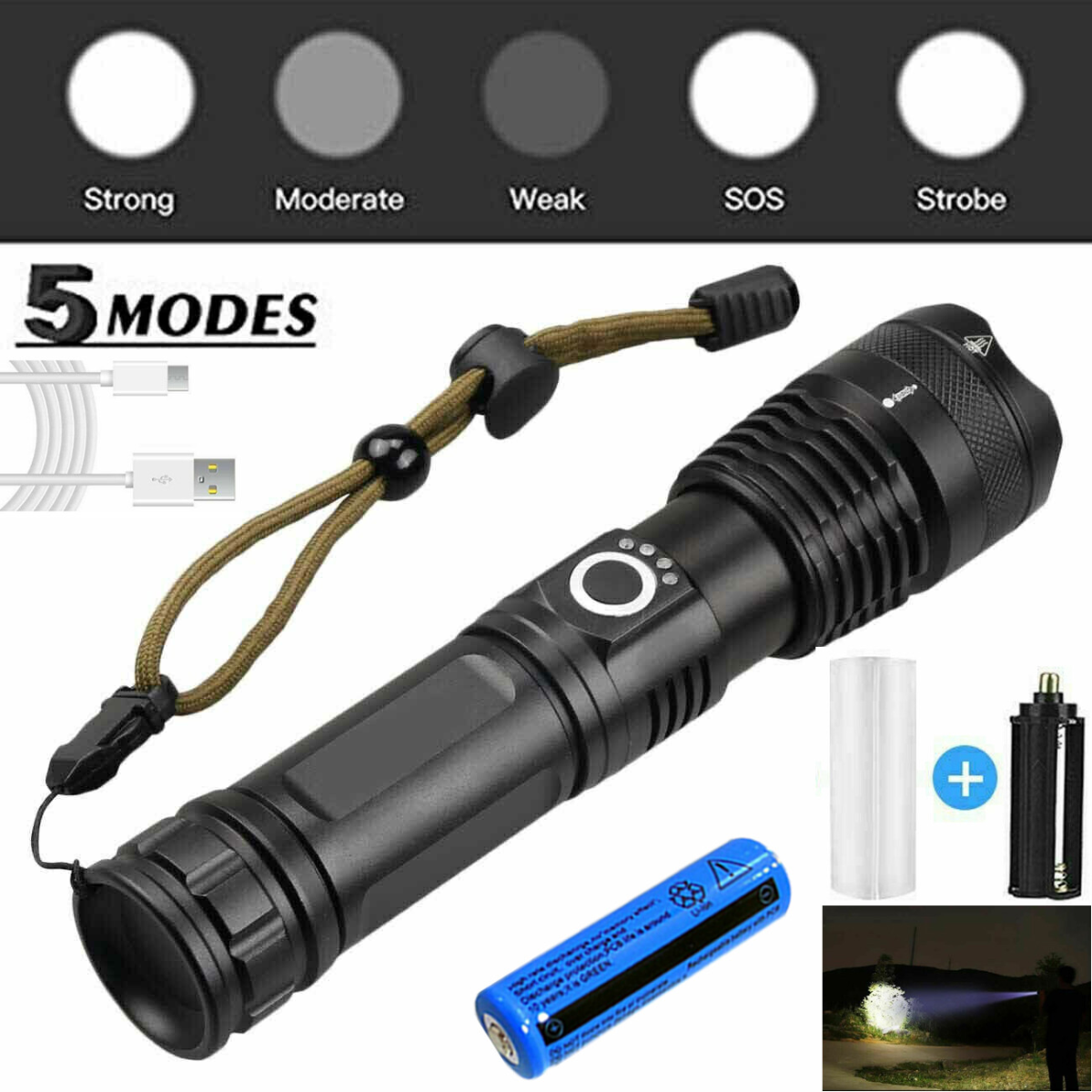 USB Rechargeable LED Flashlight with 5 Lighting Modes and Zoom – Camping and Hiking Torch, Black