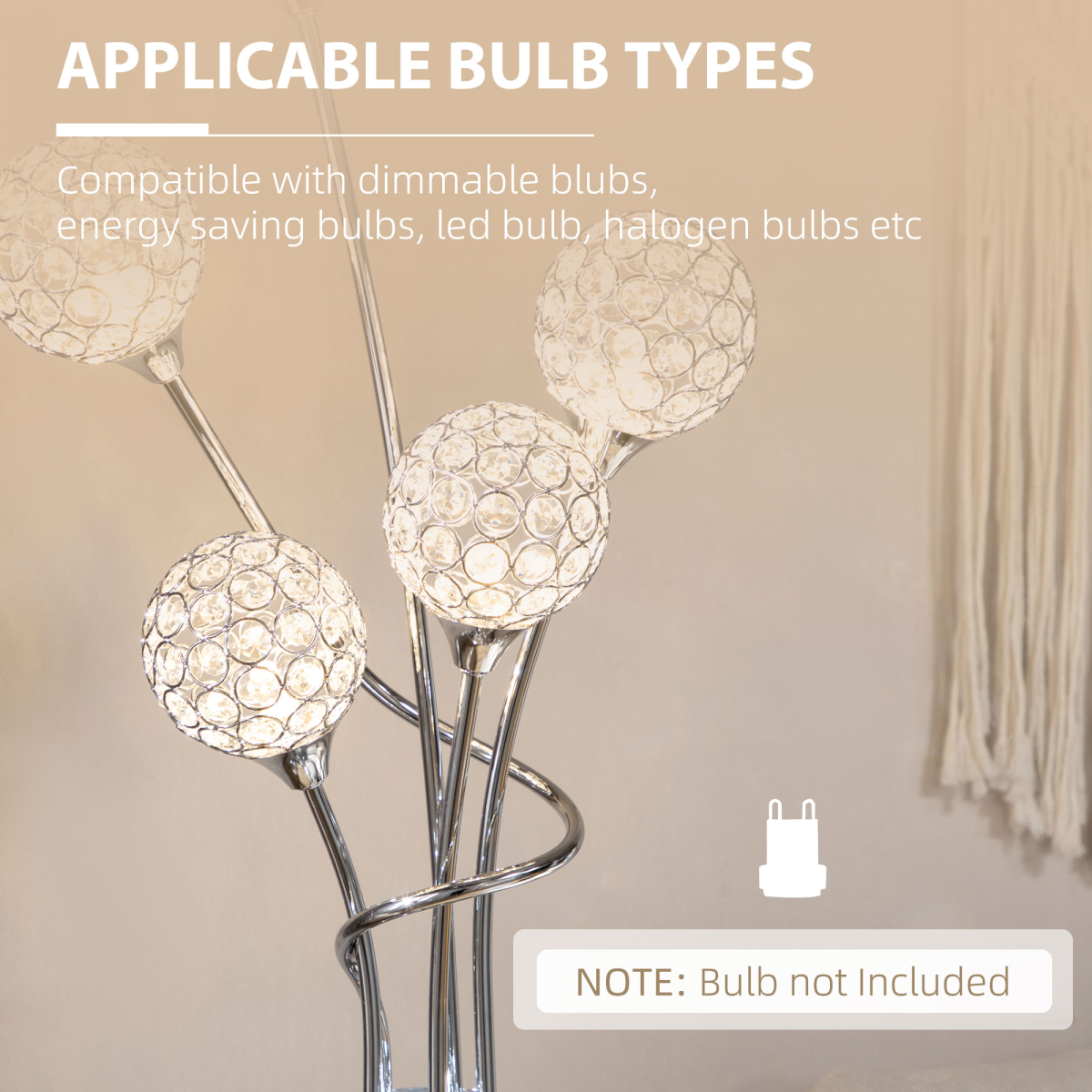 HOMCOM K9 Crystal 5-Light Upright Floor Lamp with Bead-Filled Shades – Living Room Standing Light, Silver