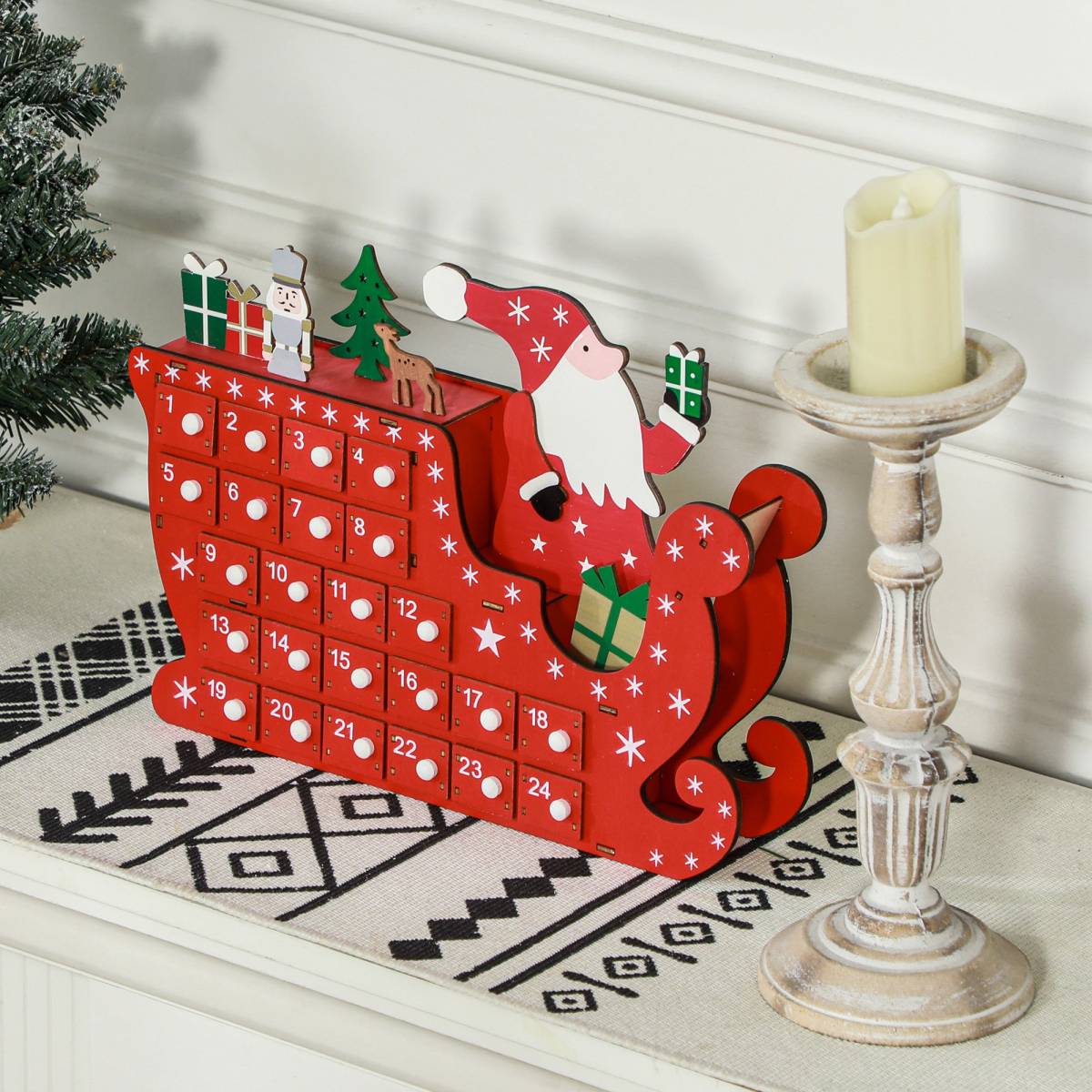 HOMCOM Advent Calendar with 24 Fillable Drawers – Santa Sleigh Christmas Countdown Calendar, Red