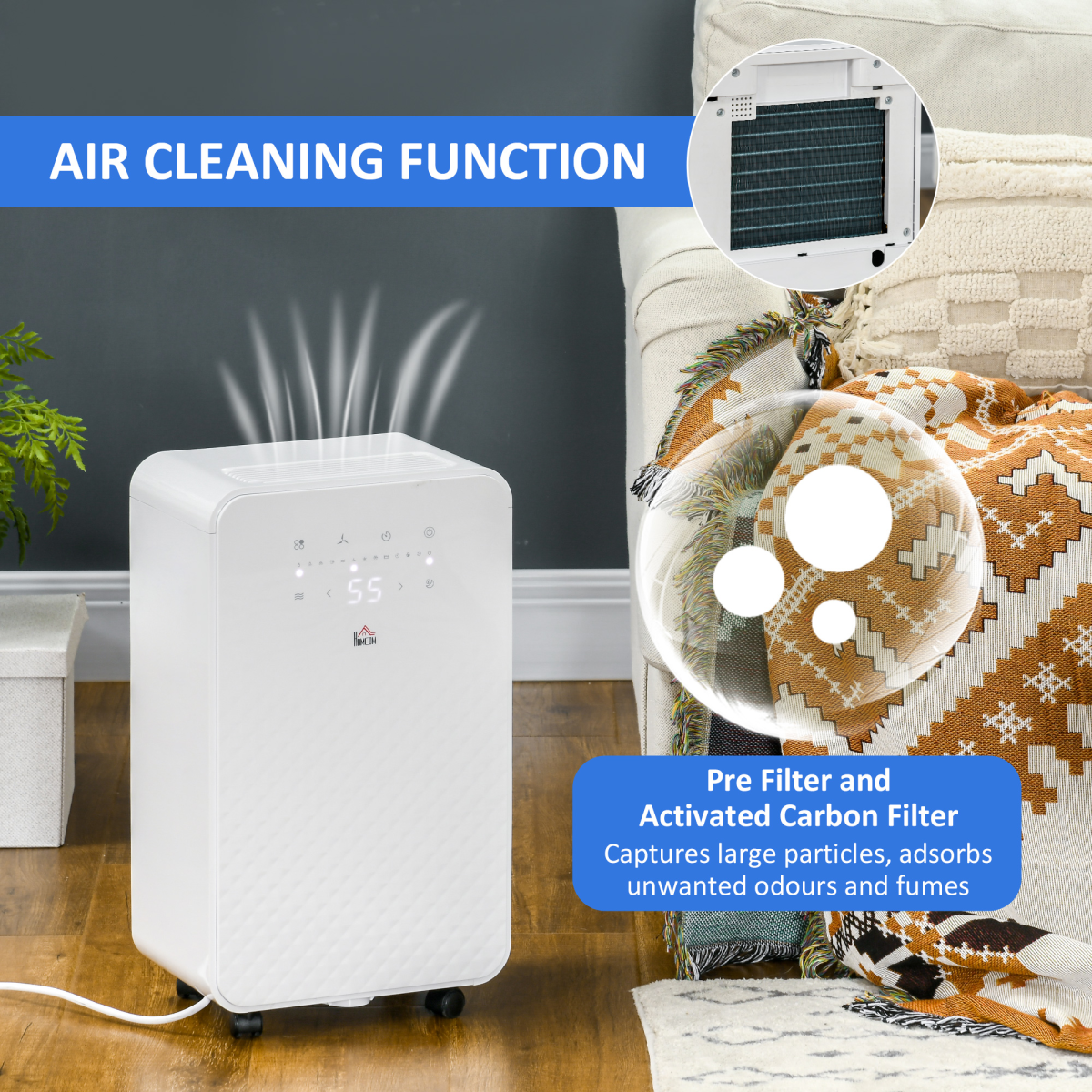HOMCOM 10L/Day Dehumidifier with Air Purifier, Timer & 5 Modes – Compact Damp and Dust Control