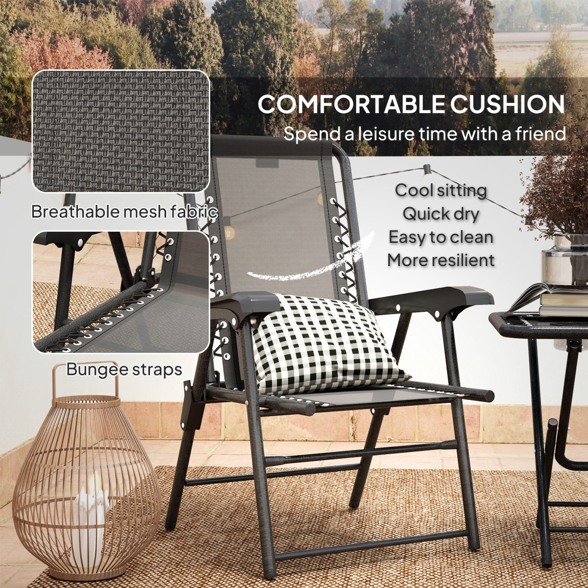 Outsunny 3 Piece Folding Garden Bistro Set with 2 Chairs, Table & Cup Holders – Texteline Seats, Black