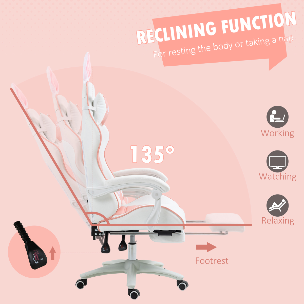 Vinsetto Pink Gaming Chair with Removable Bunny Ears, Retractable Footrest & Reclining Backrest