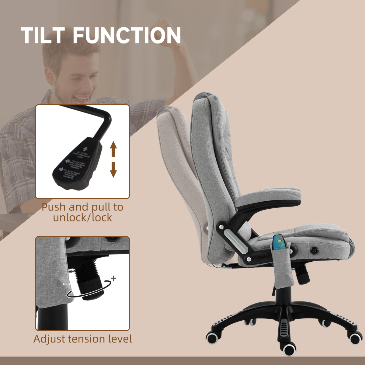 Executive Reclining Office Chair with Heated Massage, Padded Headrest – Height Adjustable Swivel Chair, Grey