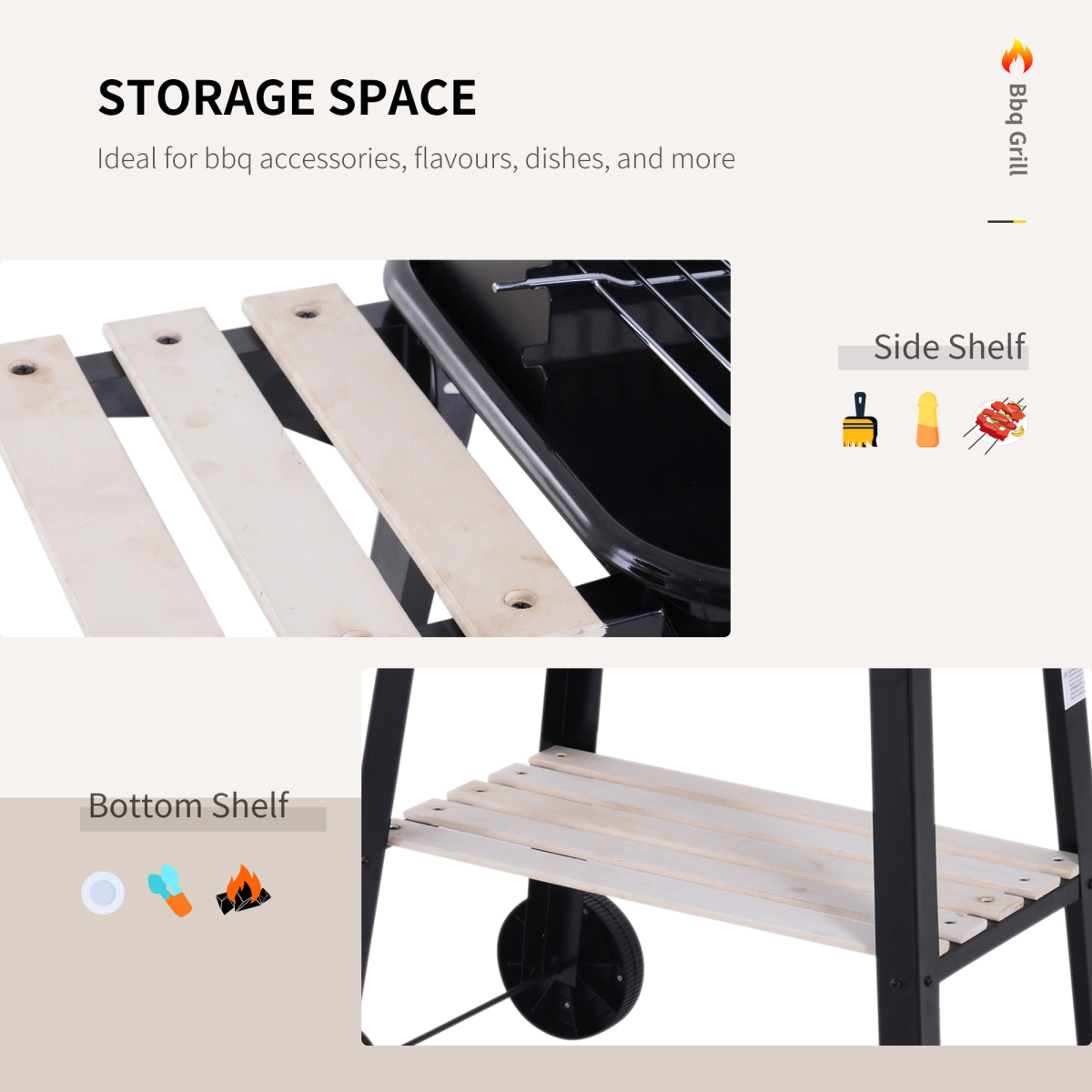 Outsunny Charcoal BBQ Grill with Side Shelf, Wind Shield & Wheels – Enamel Coated, 87 x 45 x 83cm, Black