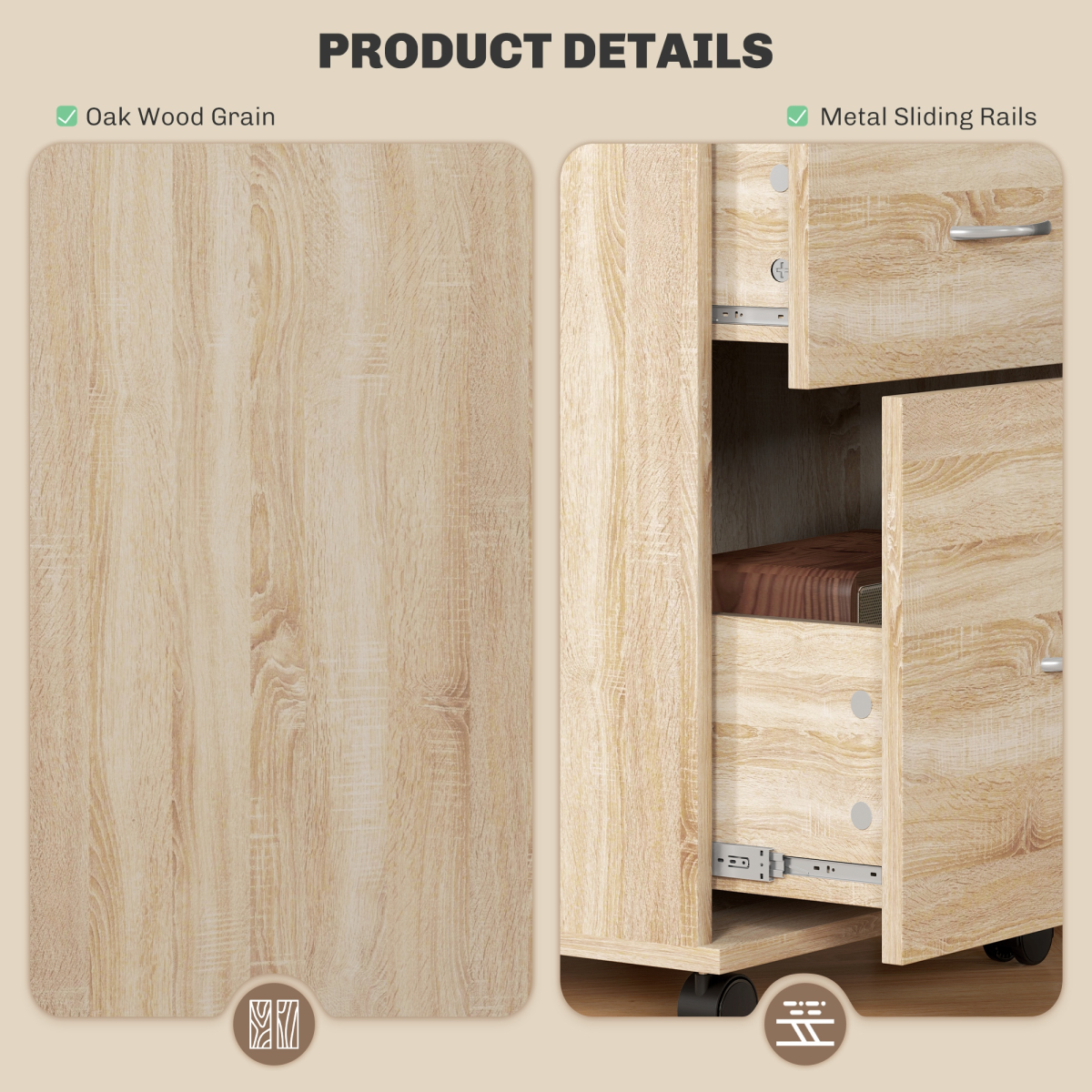 HOMCOM Mobile Pedestal Filing Cabinet with 2 Drawers, Lockable Top & Wheels – Office Storage, Oak Effect