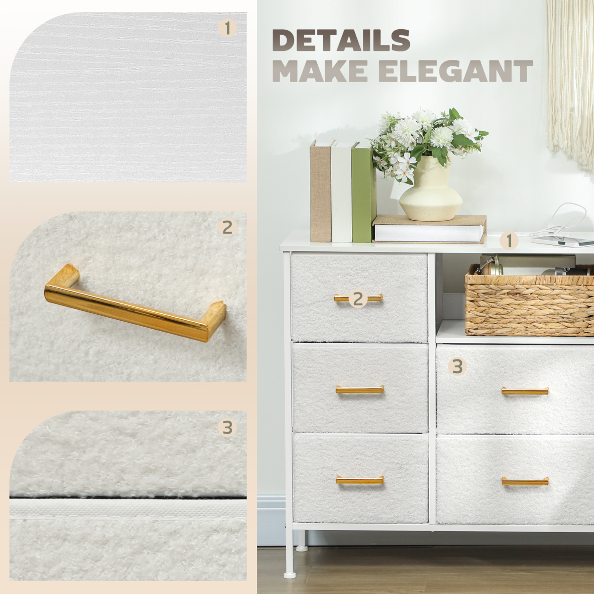 8-Drawer Chest of Drawers with Charging Station, USB & USB-C Ports – Boucle Fabric Storage Unit, Cream White