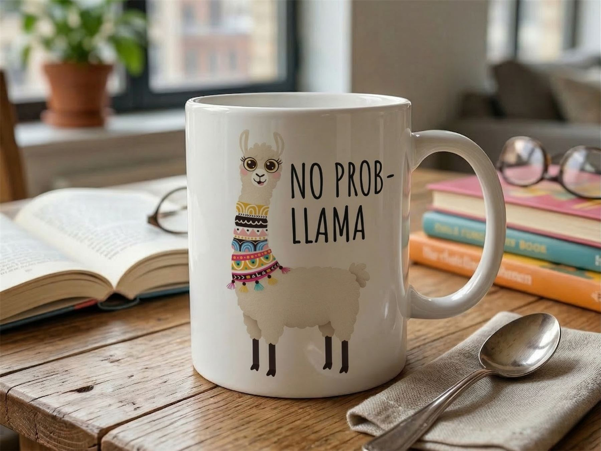 Funny No Prob Llama Ceramic Coffee Mug, 320ml – Cute Llama Quote Gift for Animal Lovers, White
