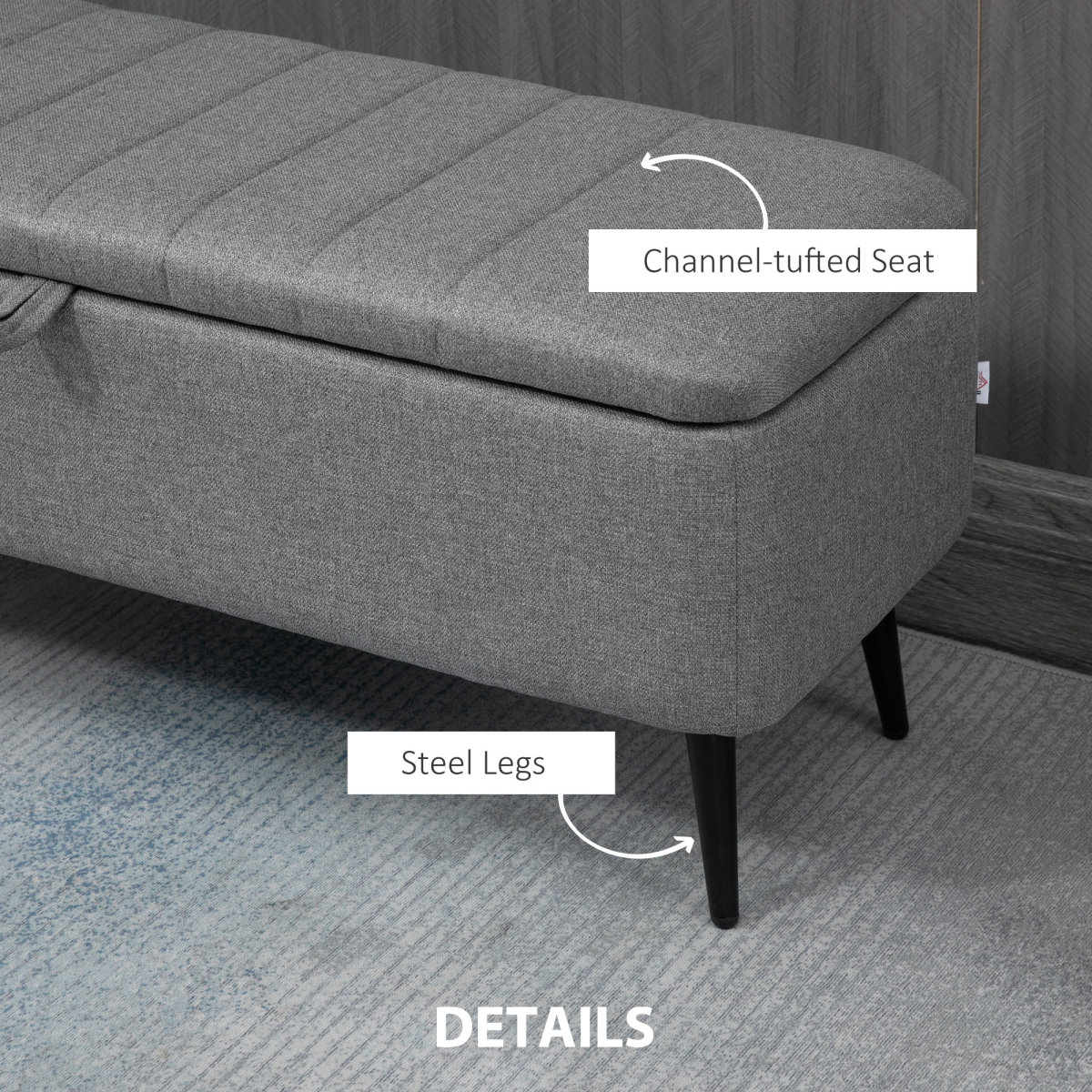 HOMCOM Linen Fabric Storage Ottoman Bench with Steel Legs – Footstool & Seat, Grey