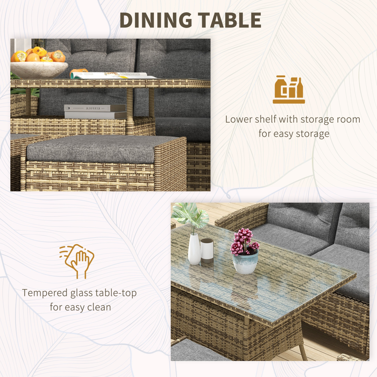 Outsunny 6-Piece Rattan Dining Set with Reclining Chairs, Glass Table and Cushions – Garden Furniture, Grey