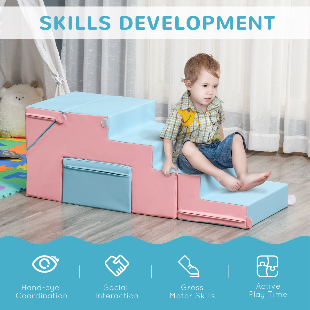 Kids Soft Play Set, 2-Piece Foam Climb, Crawl & Slide Blocks – Toddler Activity Toy for Ages 1–3, Pink & Blue