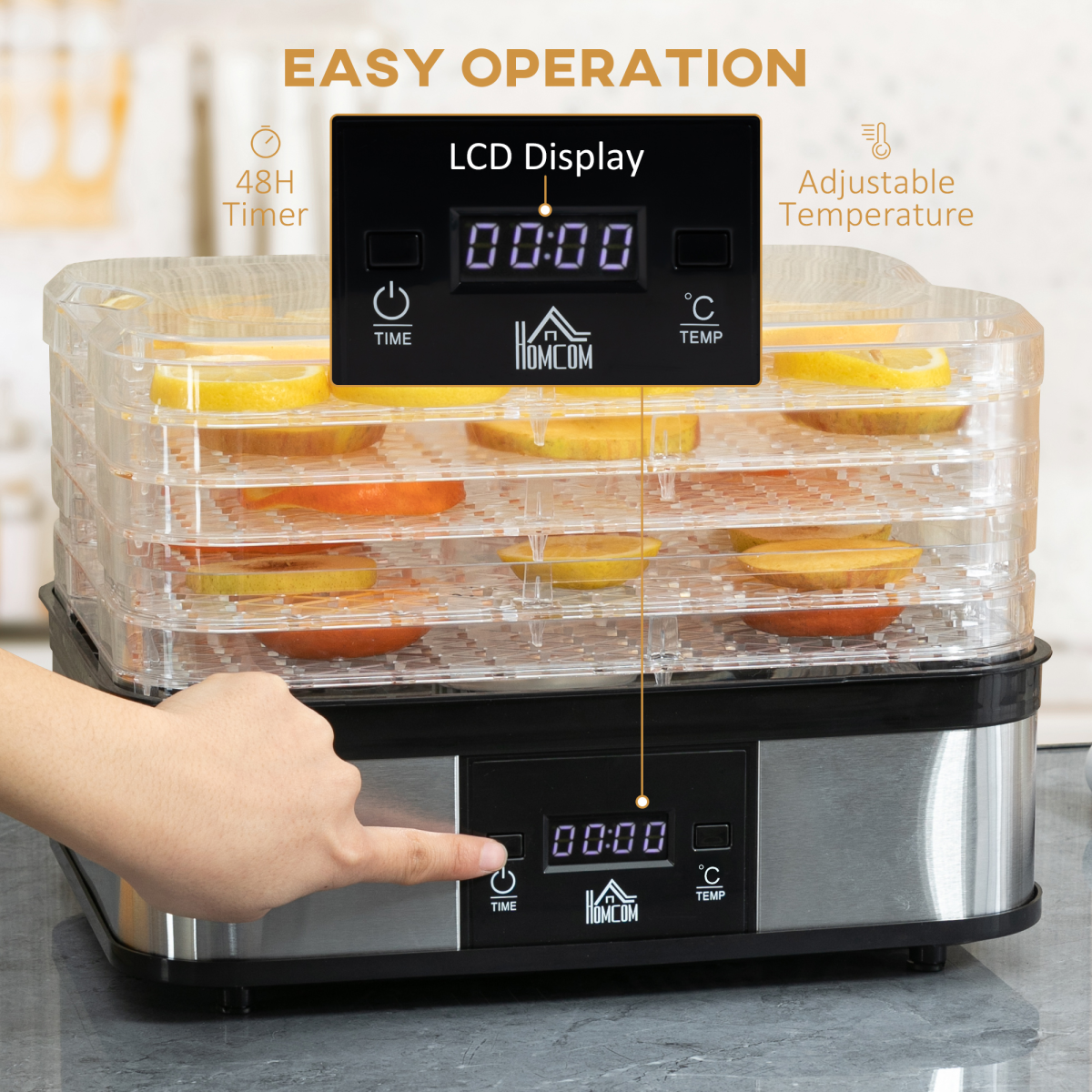 HOMCOM 5-Tier Stainless Steel Food Dehydrator with Timer & LCD – 245W for Fruit, Veg and Jerky
