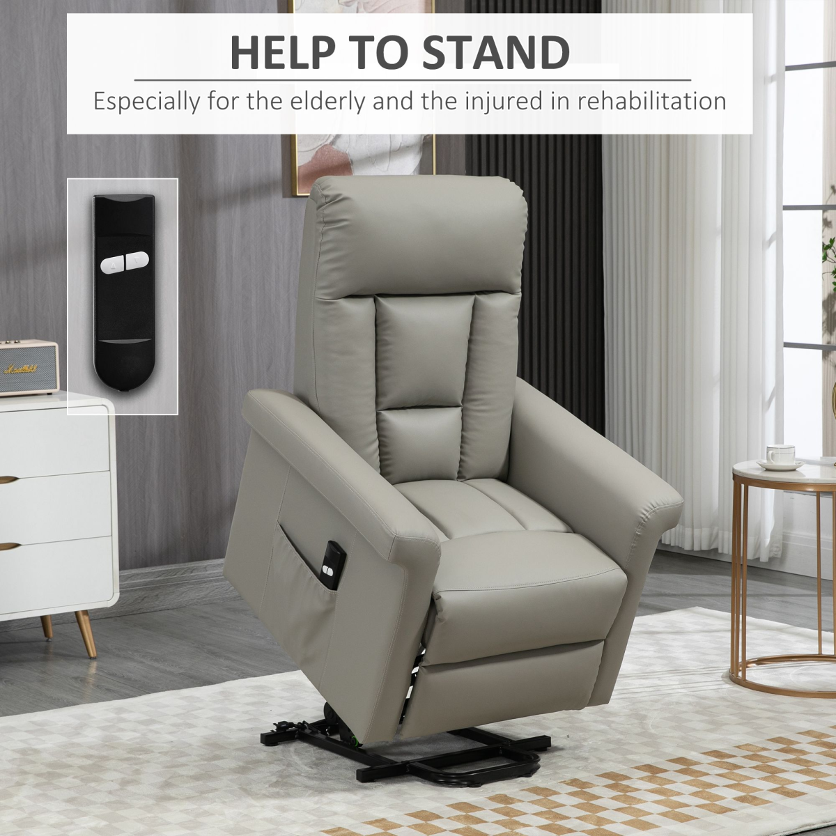 HOMCOM Power Lift Recliner Chair with Side Pocket and Handset Control – Easy-Clean Grey PU Leather