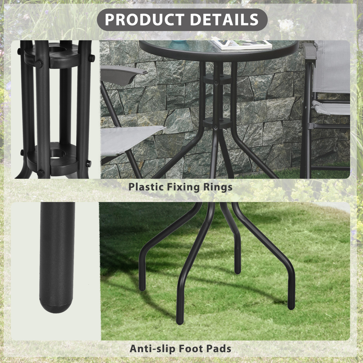 Outsunny Round Metal Garden Table with Tempered Glass Top, 60cm x 70cm H, Black
