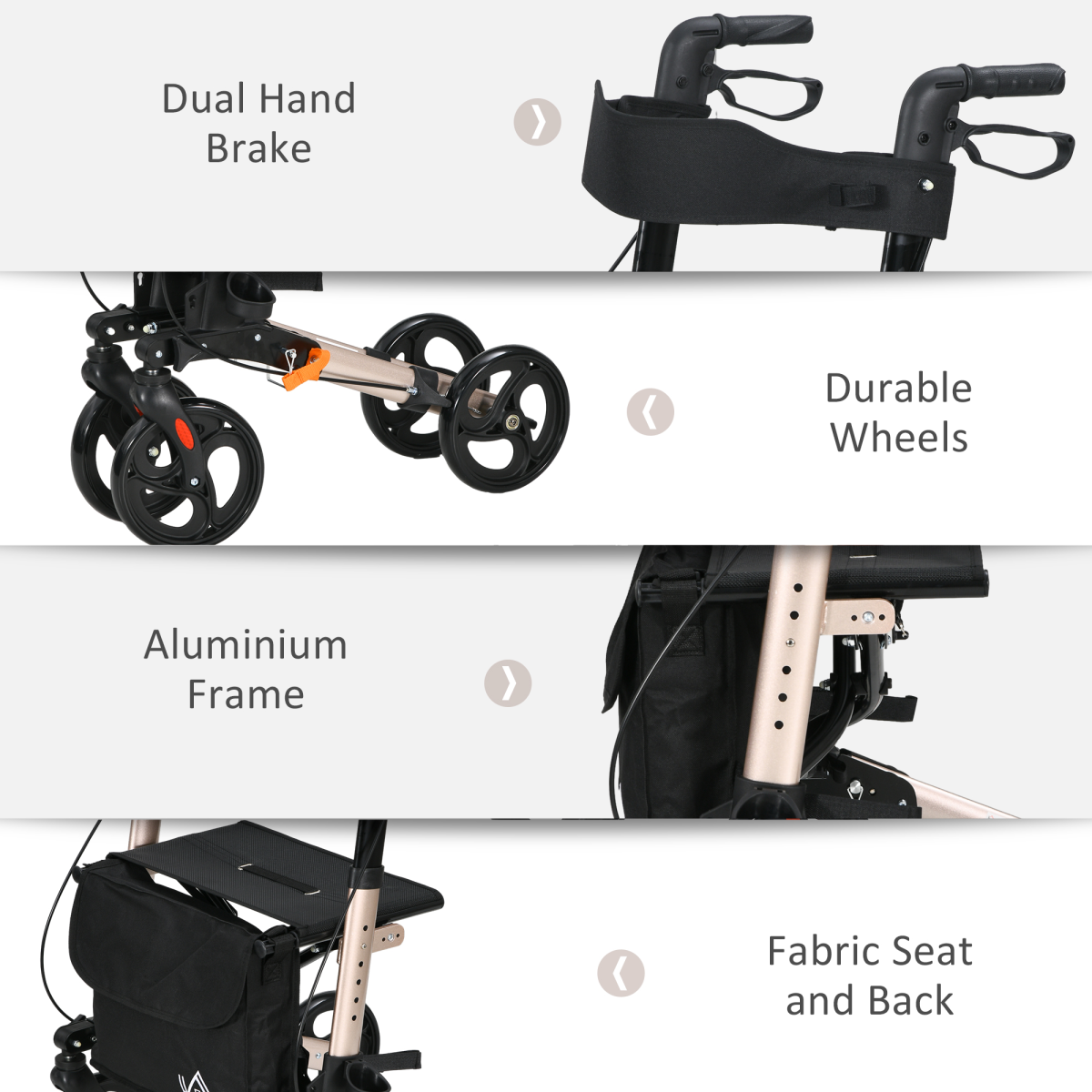 HOMCOM 4-Wheel Rollator Walker with Seat, Backrest & Bag – Height Adjustable Walking Aid, Gold Tone