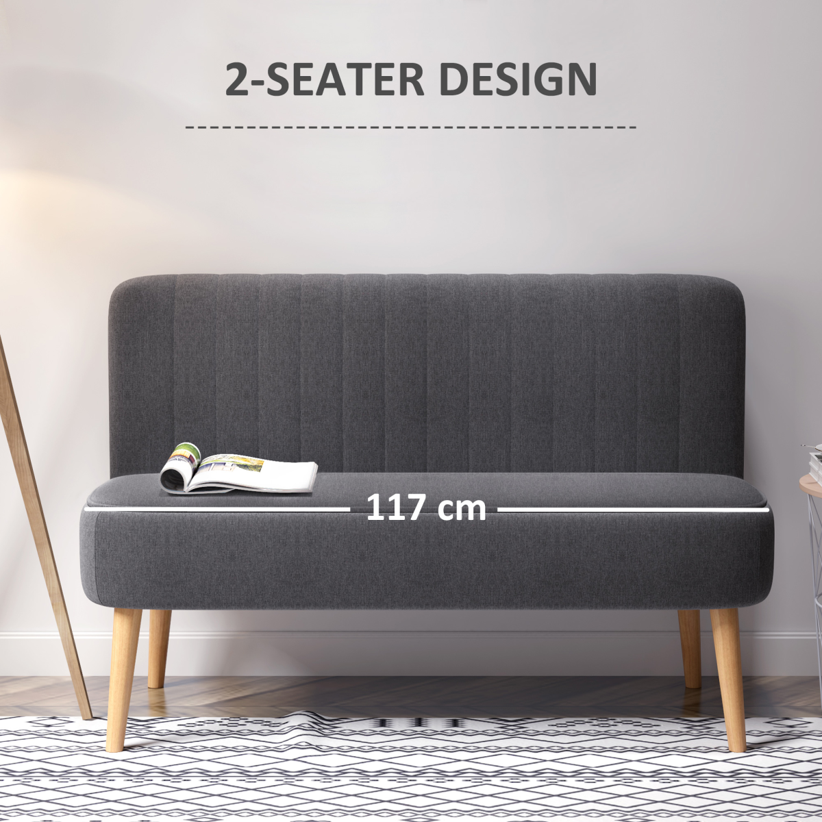 HOMCOM Modern 2-Seater Linen-Look Loveseat Sofa with Solid Wood Legs – Dark Grey