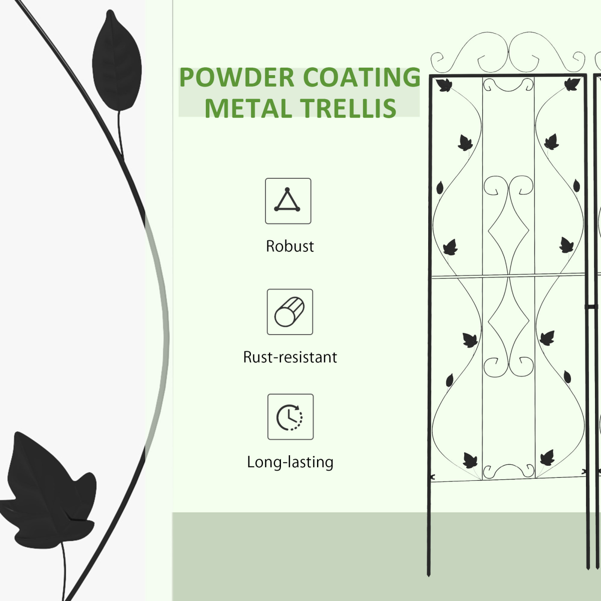 Outsunny Set of 2 Metal Garden Trellises for Climbing Plants – Leaf Design, Powder Coated Steel, Black