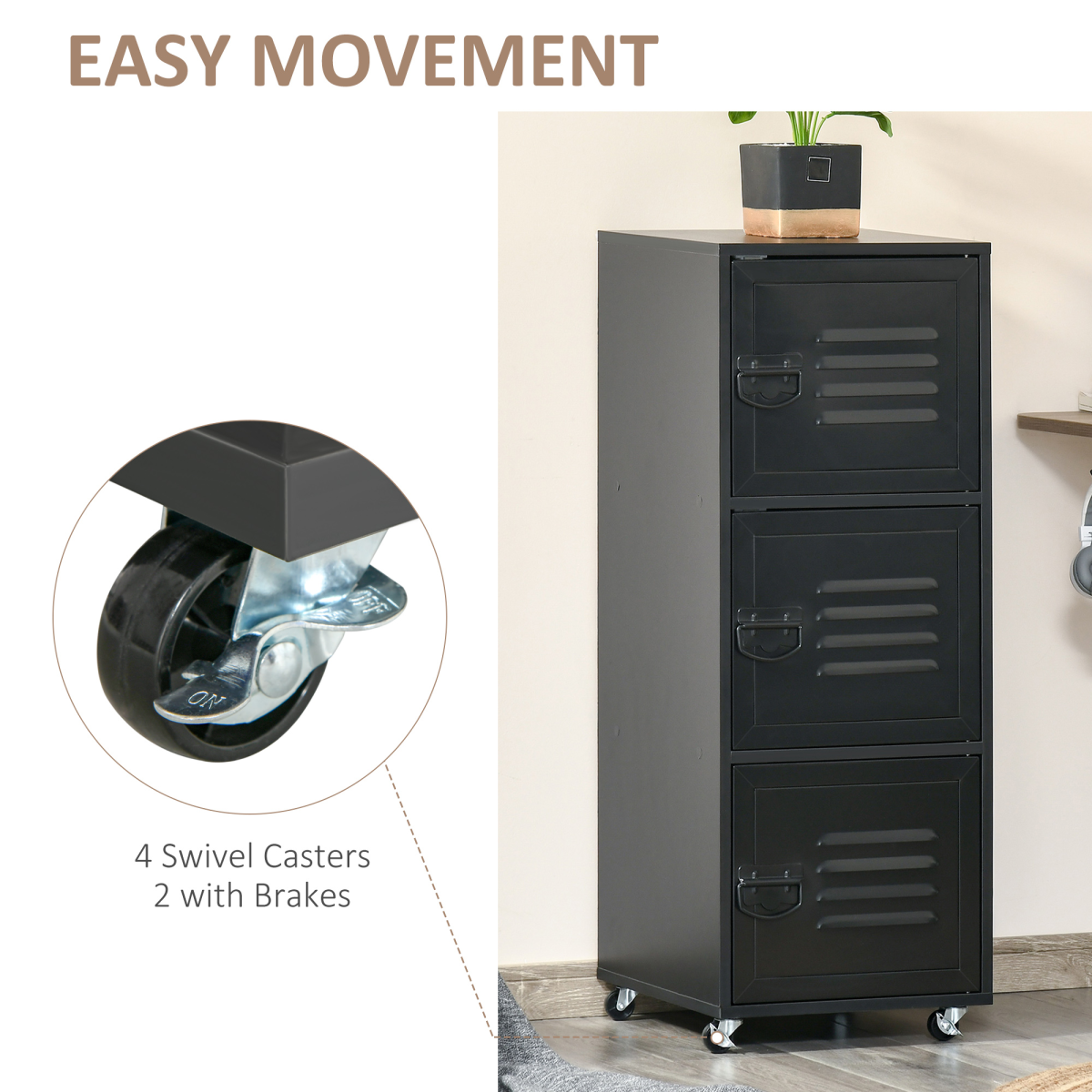 Rolling Storage Cabinet with 3 Compartments, Metal Doors and Wheels – Industrial Mobile File Cabinet, Black