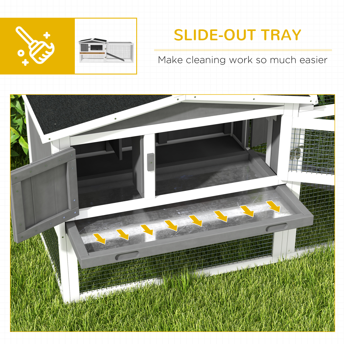 PawHut Outdoor Rabbit Hutch and Run with Sliding Tray, Hay Rack & Ramp, 156 x 58 x 68cm – Fir Wood, Light Grey